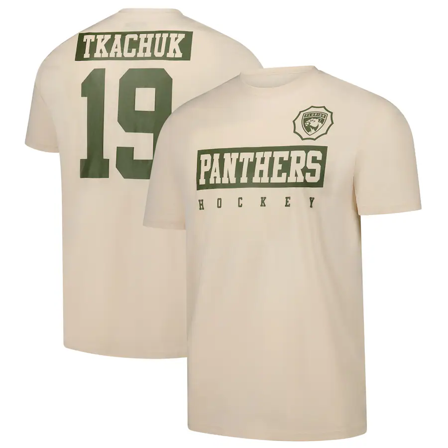 Men's Florida Panthers Matthew Tkachuk Levelwear Khaki 2024 NHL Military Appreciation Richmond Delta Player Name & Number T-Shirt - SUjersey01