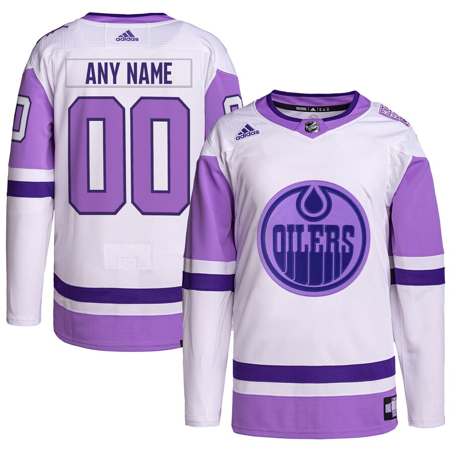 Men's Edmonton Oilers adidas White/Purple Hockey Fights Cancer Primegreen Authentic Custom Jersey - SUjersey01