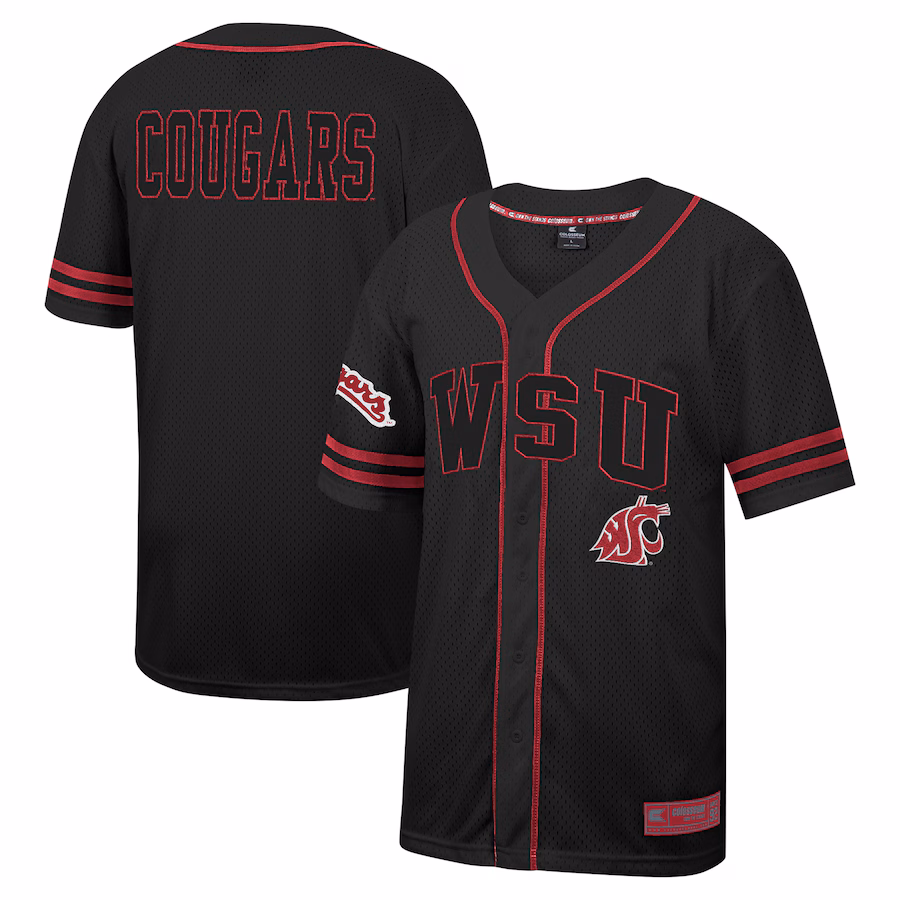 Men's Colosseum Black Washington State Cougars Free Spirited Mesh Button-Up Baseball Jersey - SUjersey01