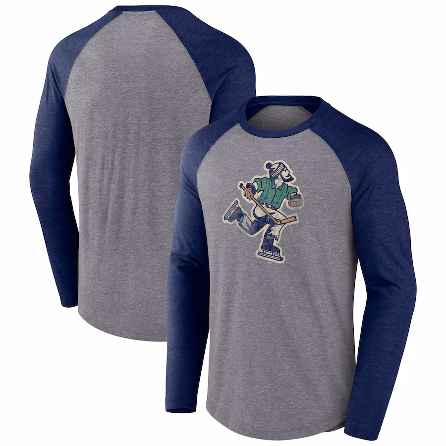 Men's Vancouver Canucks Fanatics Heather Gray Reverse Retro Raglan Tri-Blend Long Sleeve T-Shirt - SUjersey01