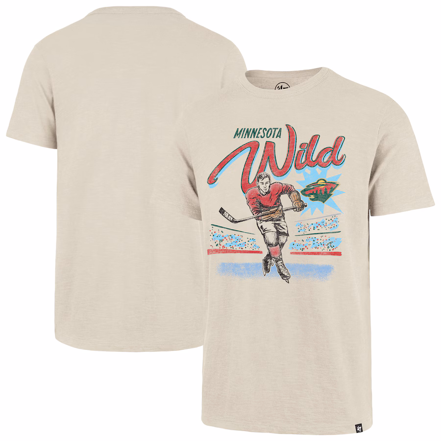 Men's Minnesota Wild '47 Natural Hockey Player Golden Age Scrum T-Shirt - SUjersey01