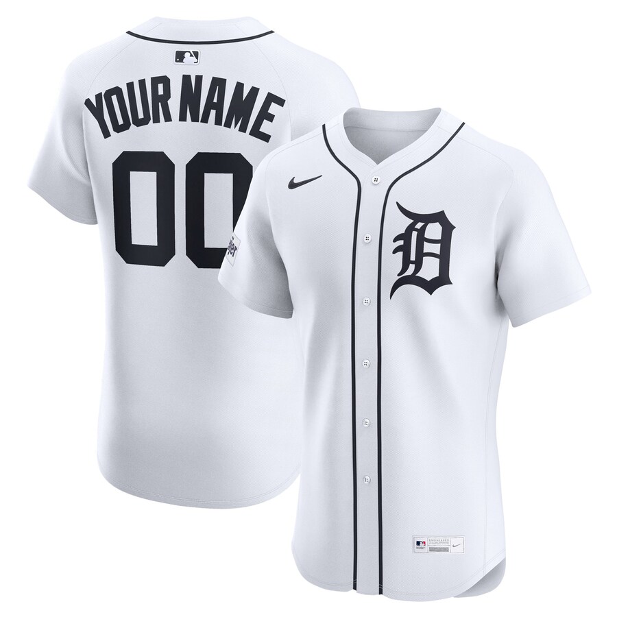 Men's Detroit Tigers Nike White Home Elite Sponsor Patch Custom Jersey - SUjersey01