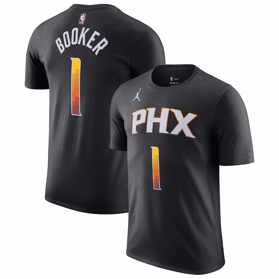 Men's Phoenix Suns Devin Booker Jordan Brand Black 2022/23 Statement Edition Name & Number T-Shirt - SUjersey01