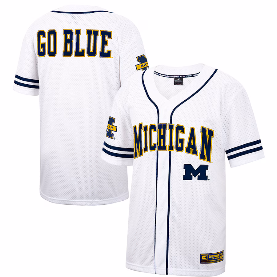 Men's Colosseum White Michigan Wolverines Free Spirited Mesh Button-Up Baseball Jersey - SUjersey01