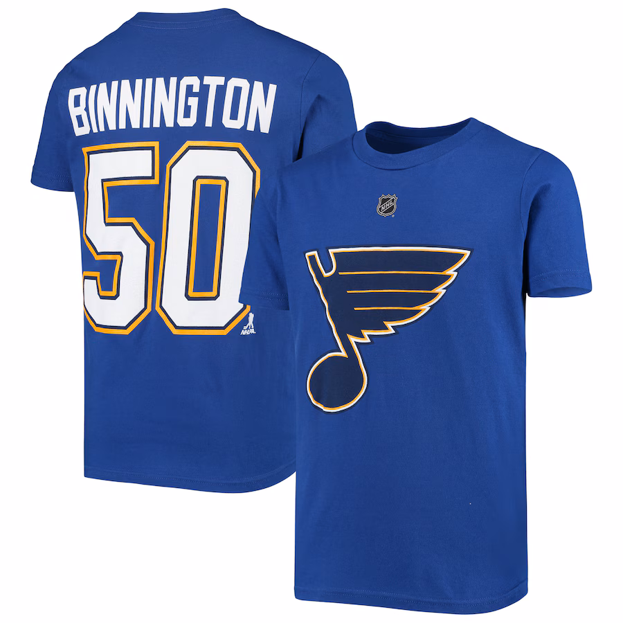 Youth St. Louis Blues Jordan Binnington Royal Player Name & Number T-Shirt - SUjersey01