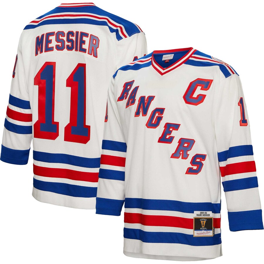 Men's New York Rangers Mark Messier Mitchell & Ness White 1993/94 Captain Patch Blue Line Player Jersey - SUjersey01