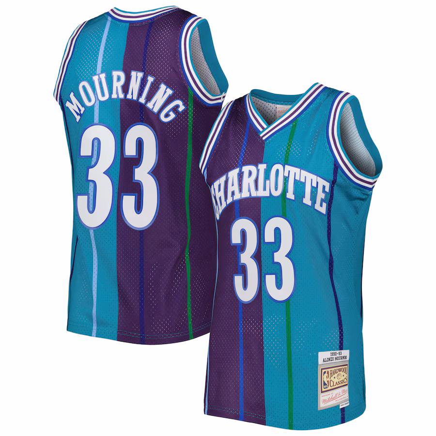 Men's Charlotte Hornets Alonzo Mourning Mitchell & Ness Teal/Purple Hardwood Classics 1992/93 Split Swingman Jersey - SUjersey01