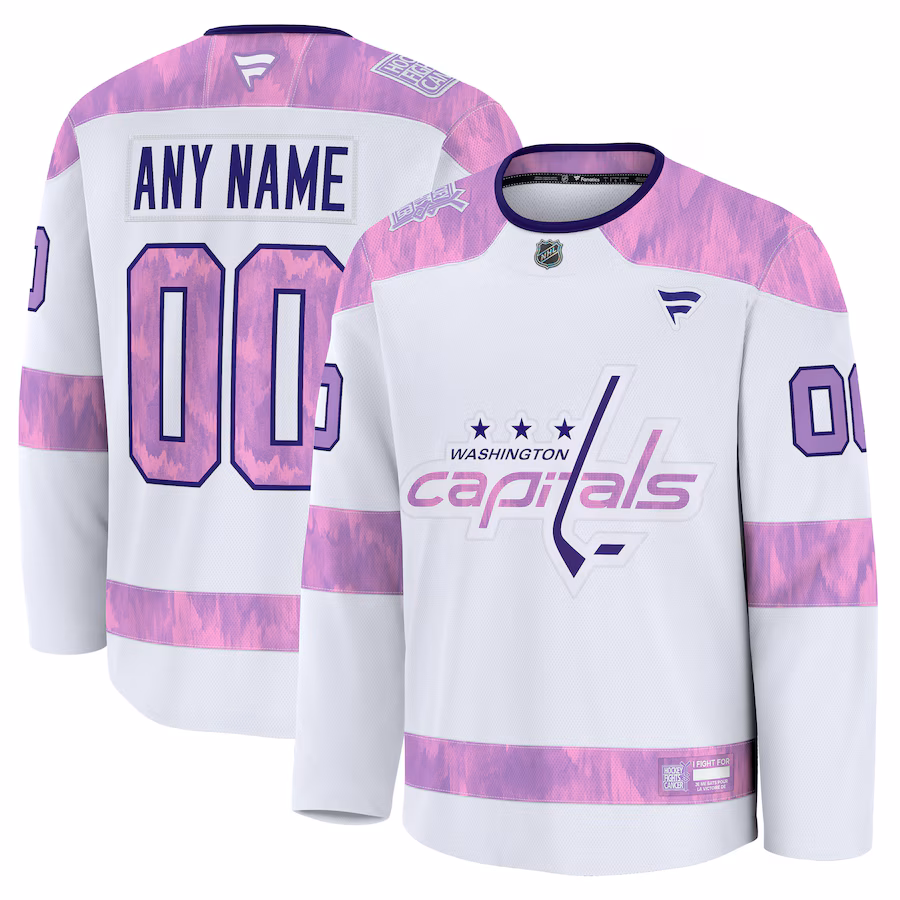 Men's Washington Capitals Fanatics White 2024 Hockey Fights Cancer Custom Practice Jersey - SUjersey01