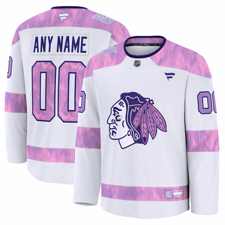 Men's Chicago Blackhawks Fanatics White 2024 Hockey Fights Cancer Custom Practice Jersey - SUjersey01