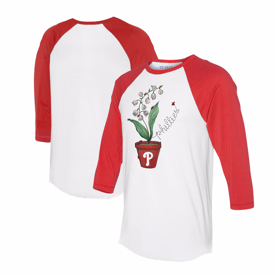 Unisex Philadelphia Phillies Tiny Turnip White/Red Lilies & Ladybugs 3/4-Sleeve Raglan T-Shirt - SUjersey01