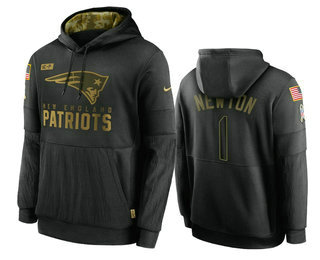 Men's New England Patriots #1 Cam Newton Black 2020 Salute To Service Sideline Performance Pullover Hoodie - SUjersey01