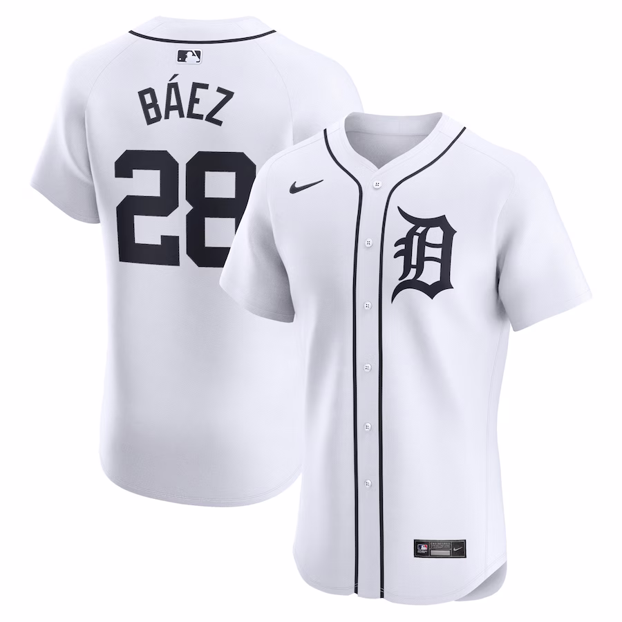 Men's Detroit Tigers Javier Baez Nike White Home Elite Player Jersey - SUjersey01