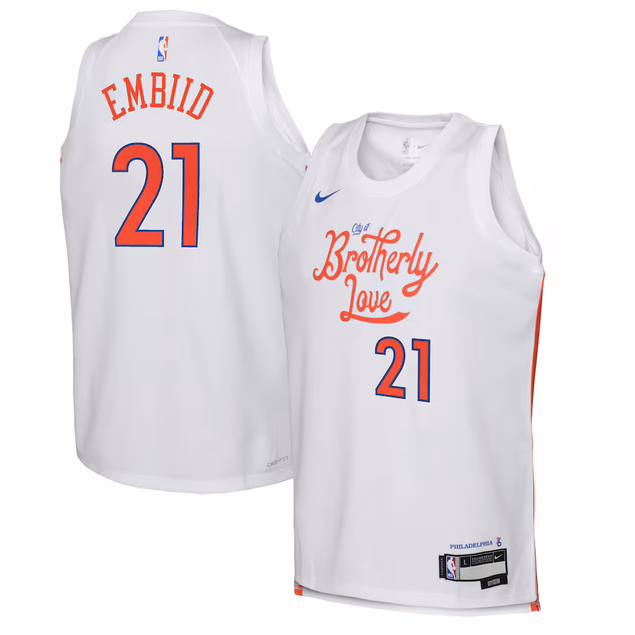 Youth Philadelphia 76ers Joel Embiid Nike White 2022/23 Swingman Jersey - City Edition - SUjersey01