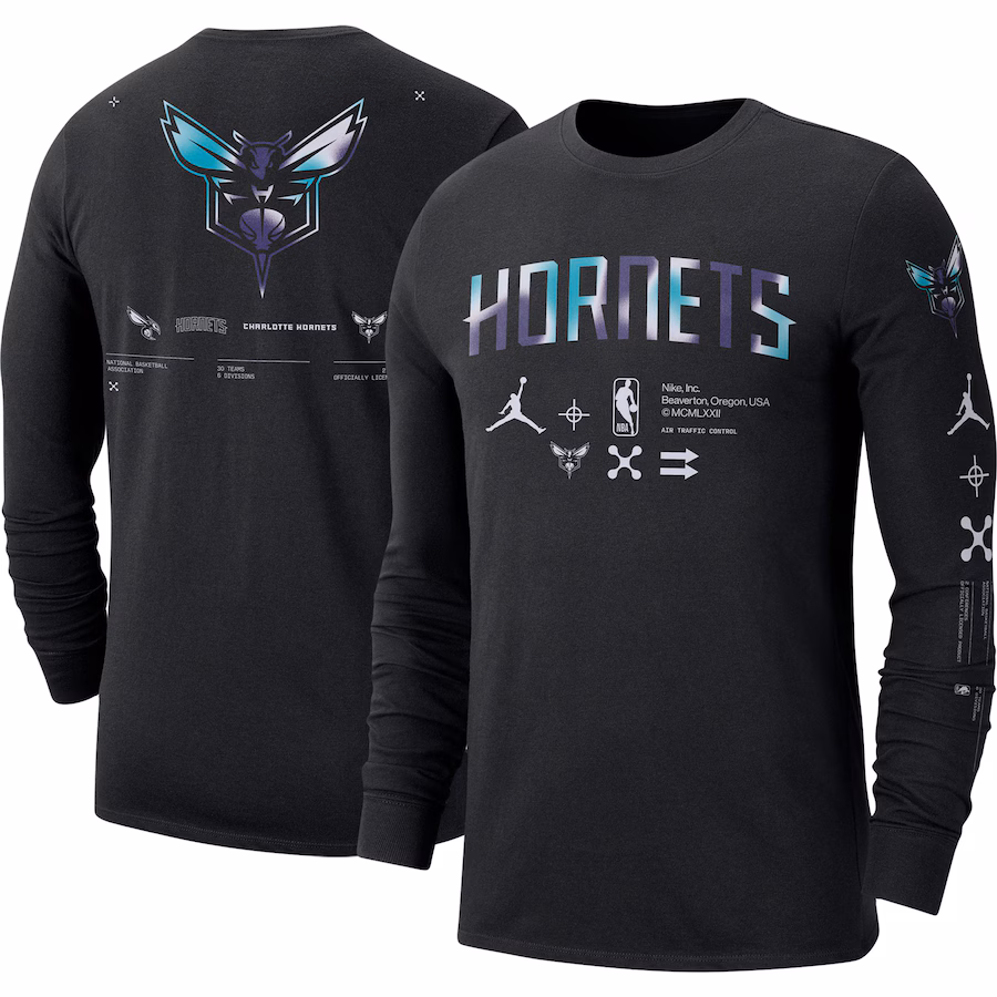 Men's Charlotte Hornets Jordan Brand Black Essential Air Traffic Control Long Sleeve T-Shirt - SUjersey01