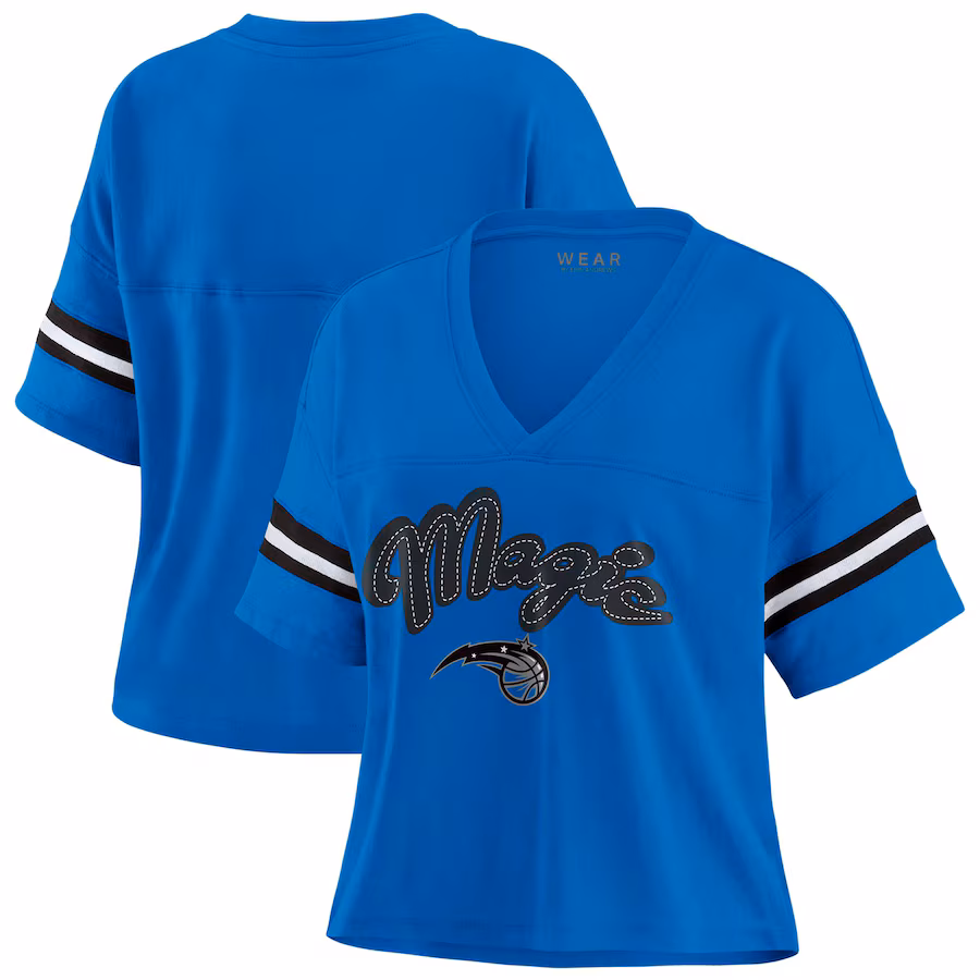 Women's Orlando Magic WEAR by Erin Andrews Blue Color Block Boxy V-Neck T-Shirt - SUjersey01