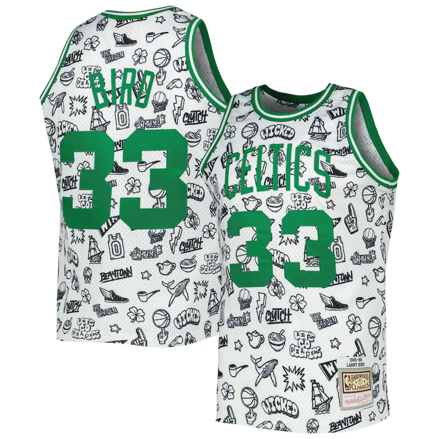 Men's Boston Celtics Larry Bird Mitchell & Ness White 1985/86 Hardwood Classics Doodle Swingman Jersey - SUjersey01