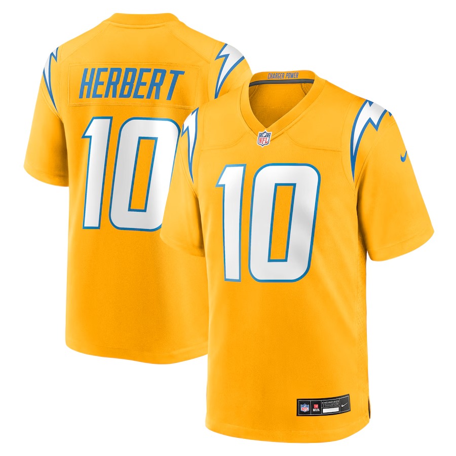 Men's Los Angeles Chargers Justin Herbert Nike Gold Alternate Charger Power Game Player Jersey - SUjersey01