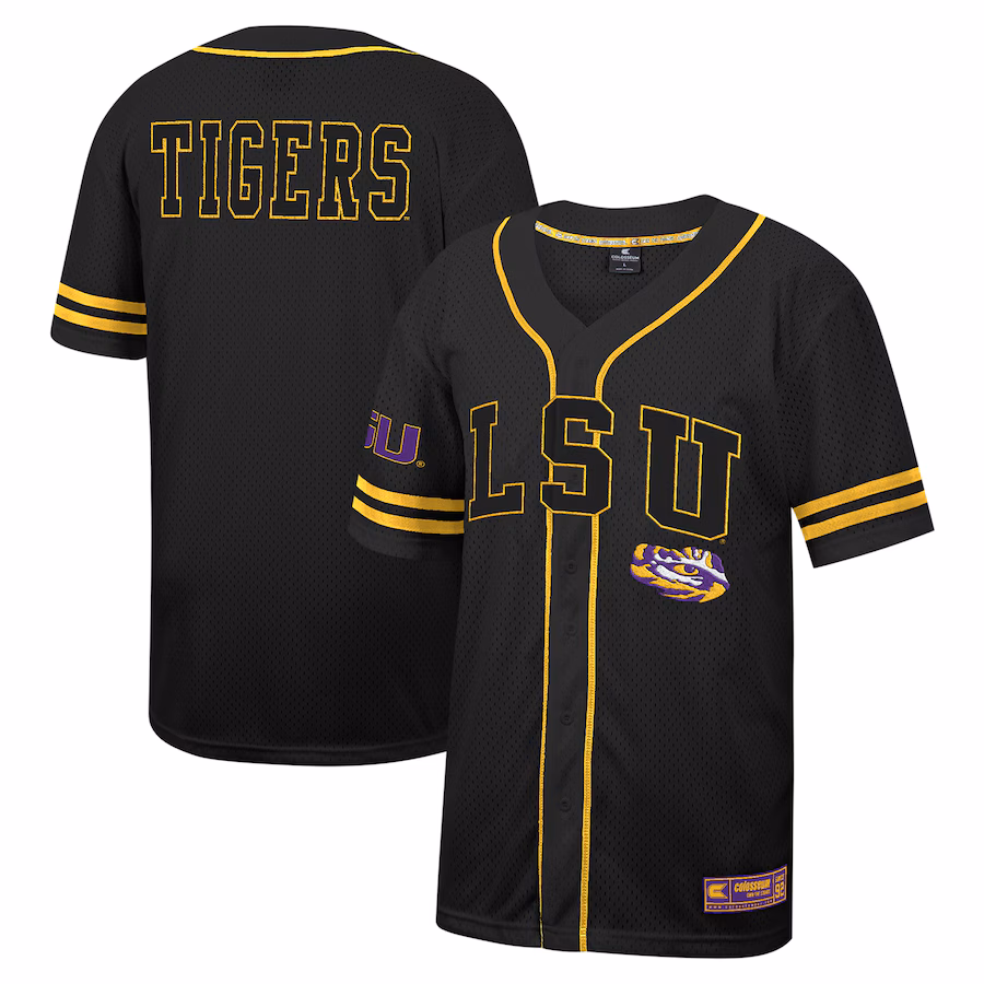 Men's Colosseum Black LSU Tigers Free Spirited Mesh Button-Up Baseball Jersey - SUjersey01