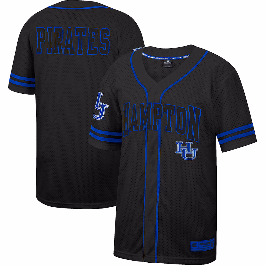 Men's Colosseum Black Hampton Pirates Free Spirited Mesh Button-Up Baseball Jersey - SUjersey01