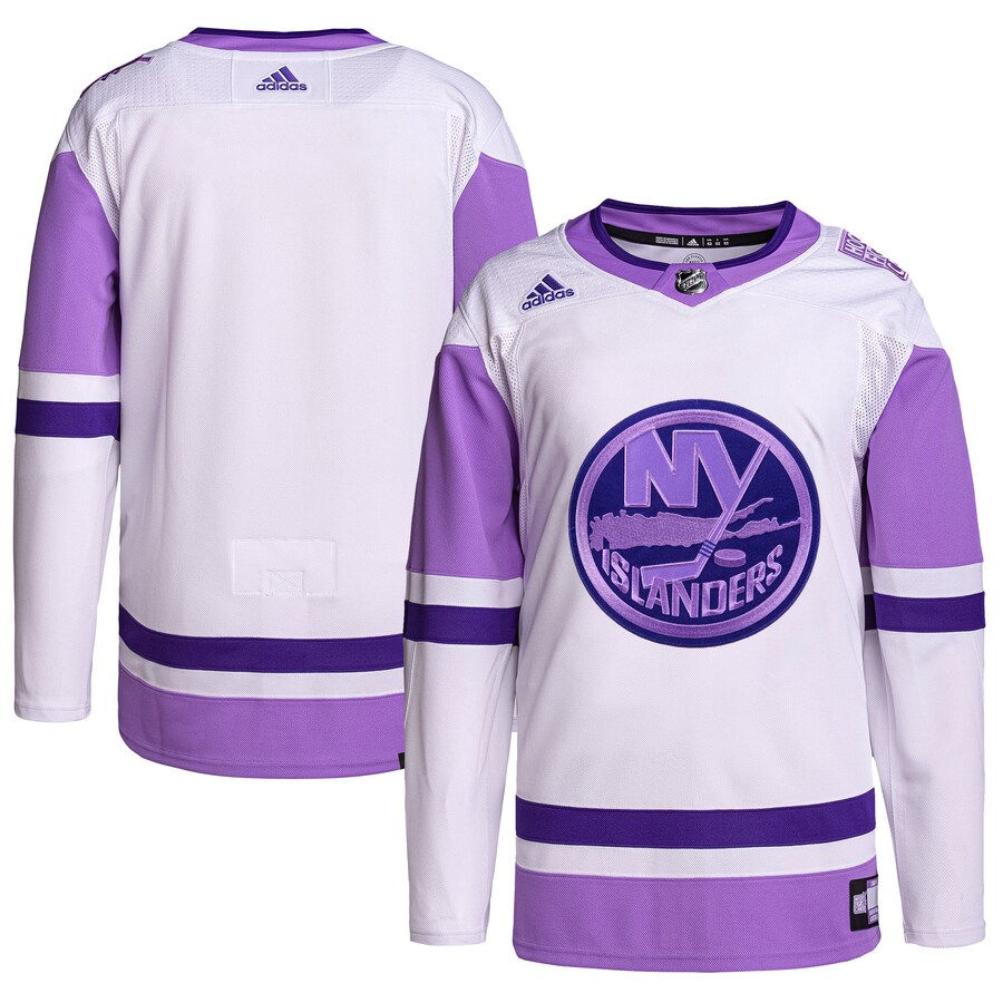 Men's New York Islanders adidas White/Purple Hockey Fights Cancer Primegreen Authentic Blank Practice Jersey - SUjersey01