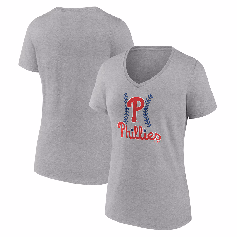 Women's Philadelphia Phillies Gray Fastball V-Neck T-Shirt - SUjersey01
