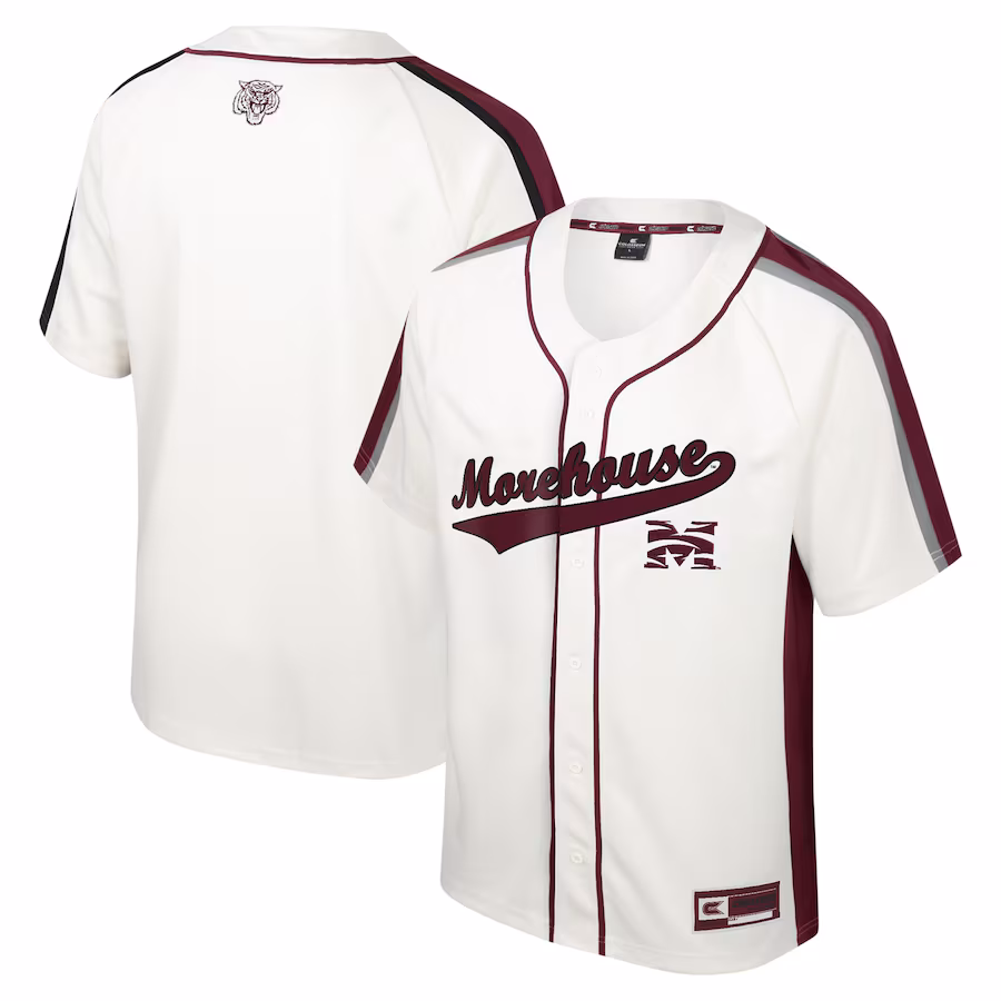 Men's Colosseum Cream Morehouse Maroon Tigers Ruth Button-Up Baseball Jersey - SUjersey01