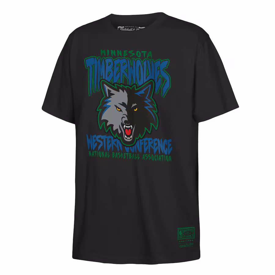 Youth Minnesota Timberwolves Mitchell & Ness Black Retro Mascot Script T-Shirt - SUjersey01