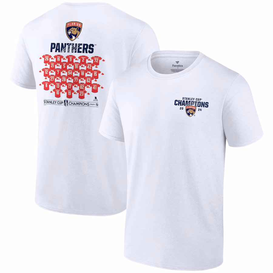 Men's Florida Panthers Fanatics White 2024 Stanley Cup Champions Jersey Roster T-Shirt - SUjersey01