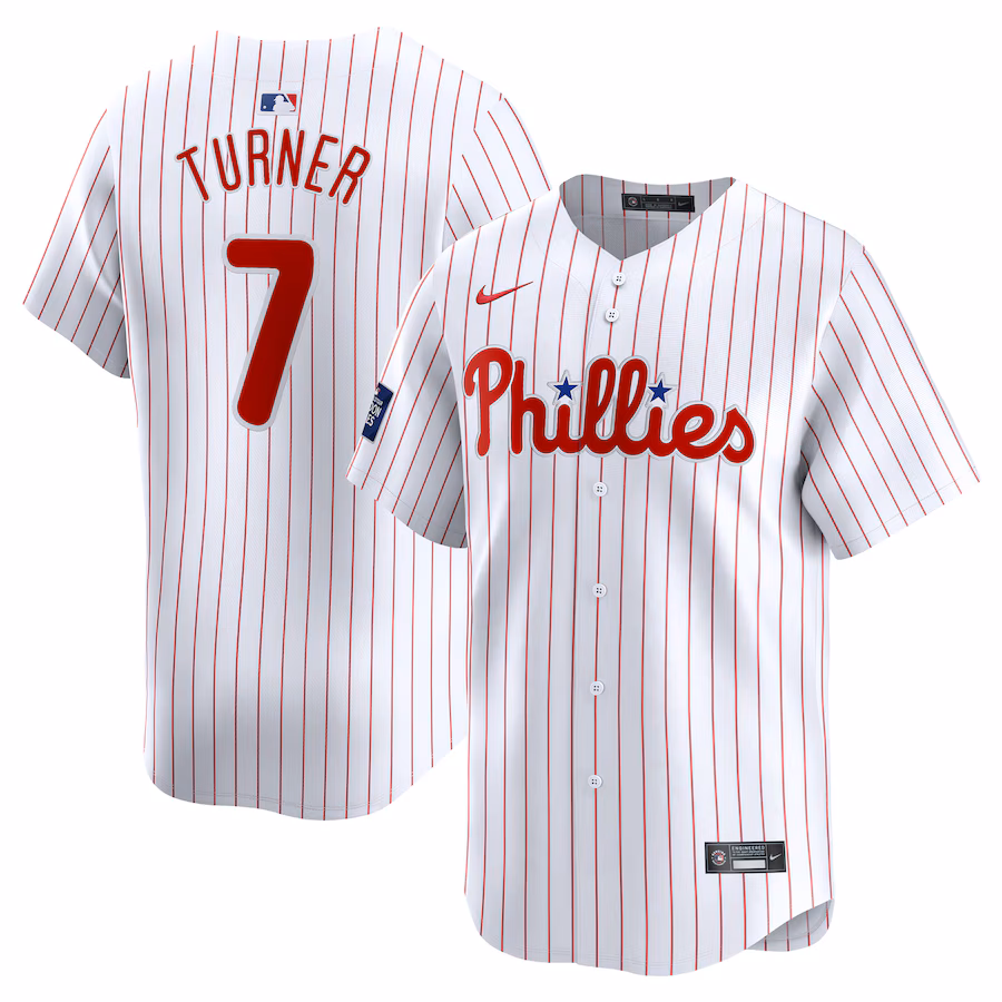Men's Philadelphia Phillies Trea Turner Nike White 2024 MLB World Tour London Series Home Limited Player Jersey - SUjersey01