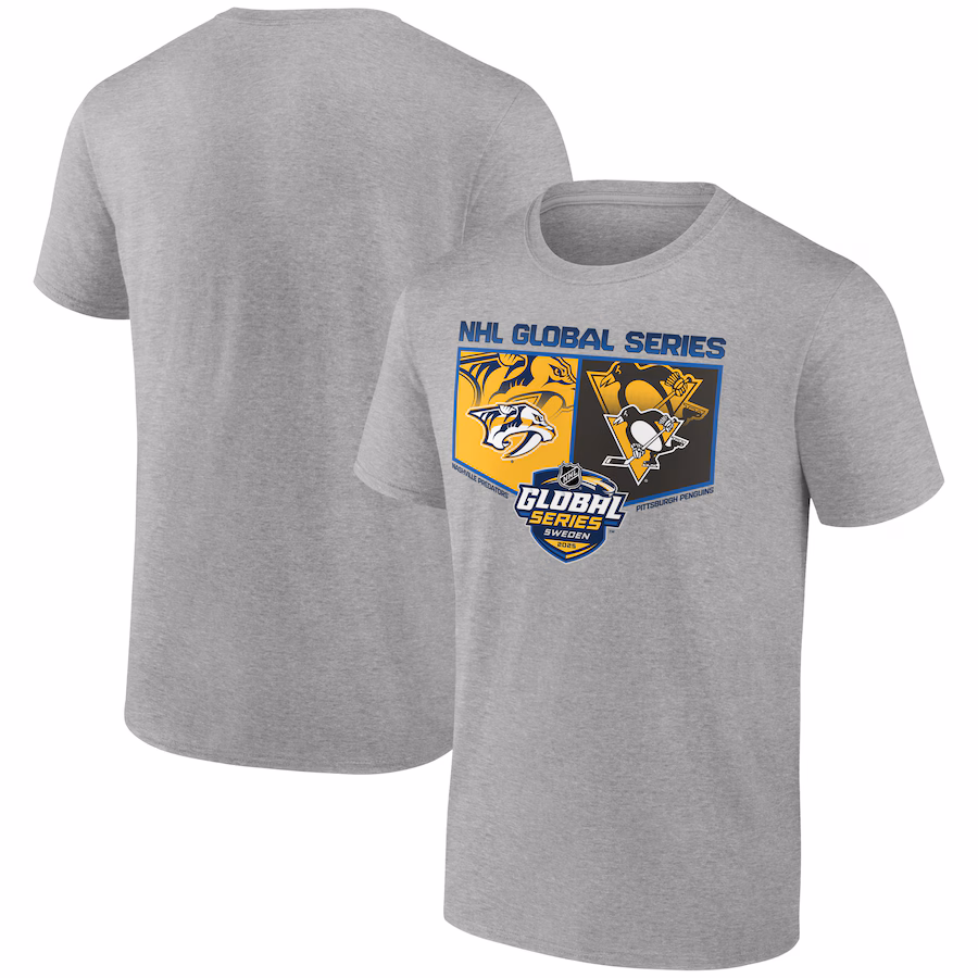 Men's Pittsburgh Penguins vs. Nashville Predators Heather Gray 2025 Global Series T-Shirt - SUjersey01