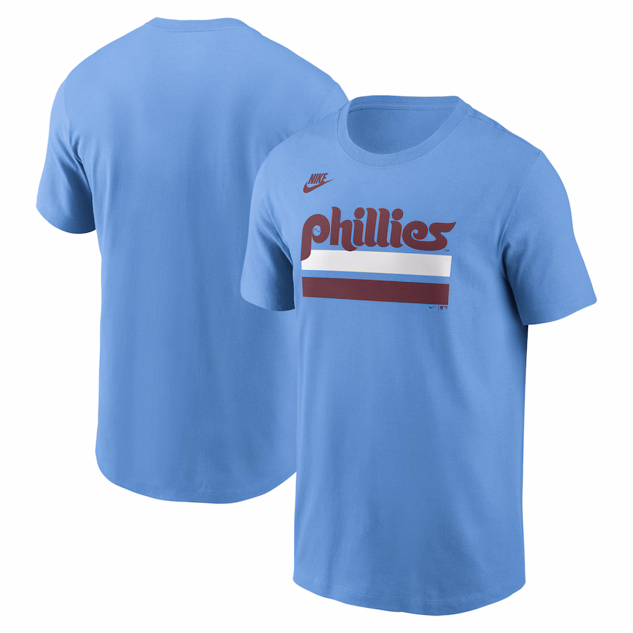Men's Philadelphia Phillies Nike Light Blue Two Bar Cooperstown Collection Wordmark T-Shirt - SUjersey01