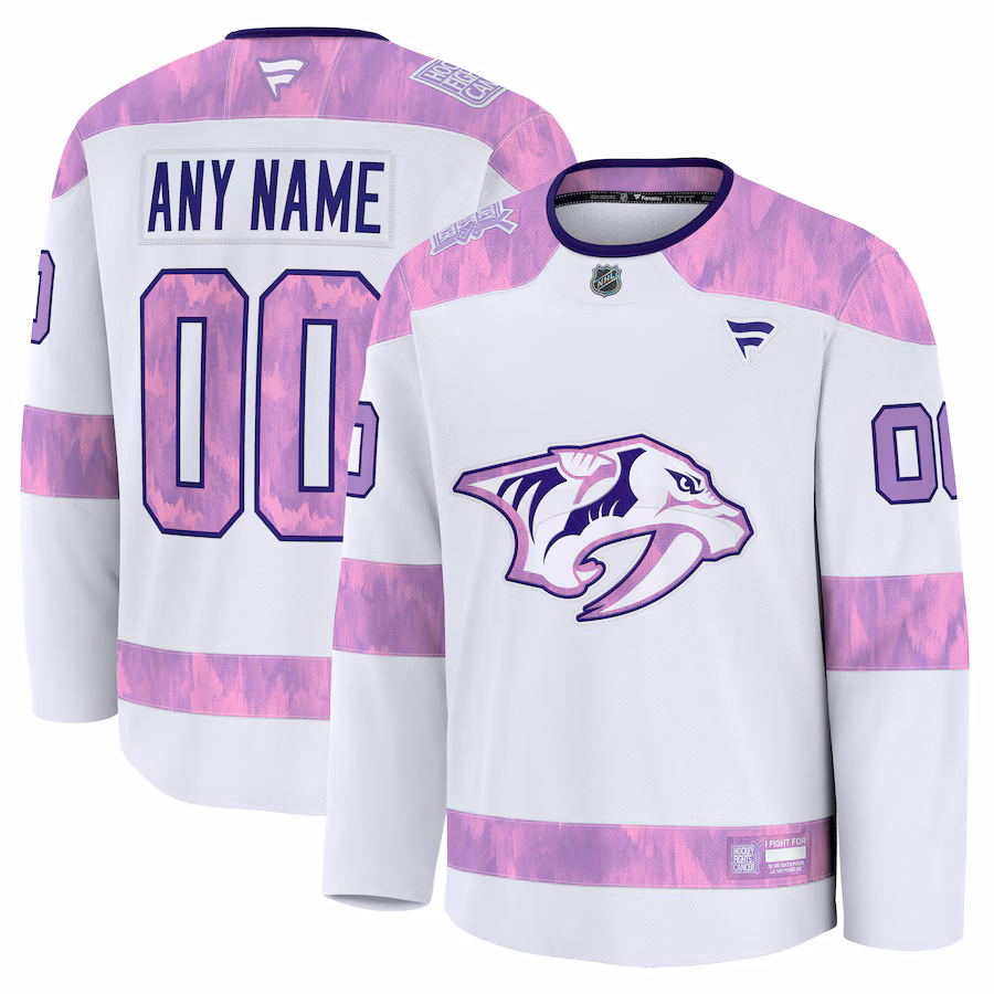 Men's Nashville Predators Fanatics White 2024 Hockey Fights Cancer Custom Practice Jersey - SUjersey01