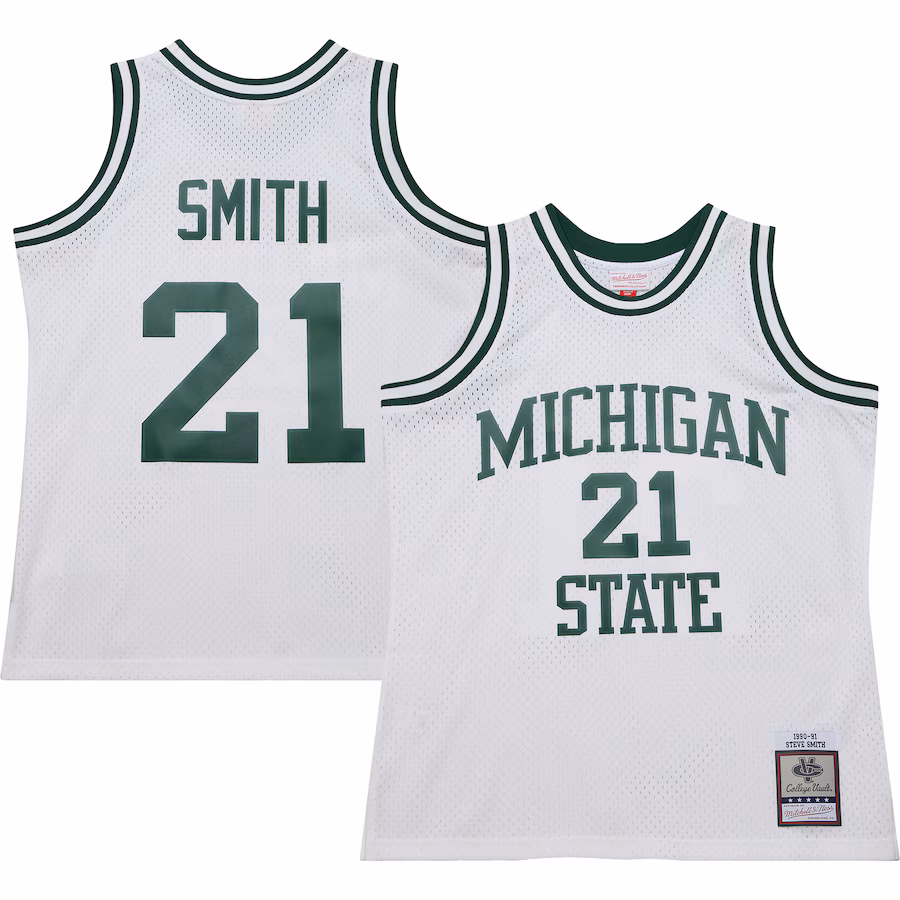 Men's Mitchell & Ness Steve Smith White Michigan State Spartans 125th Basketball Anniversary 1990 Throwback Fashion Jersey - SUjersey01