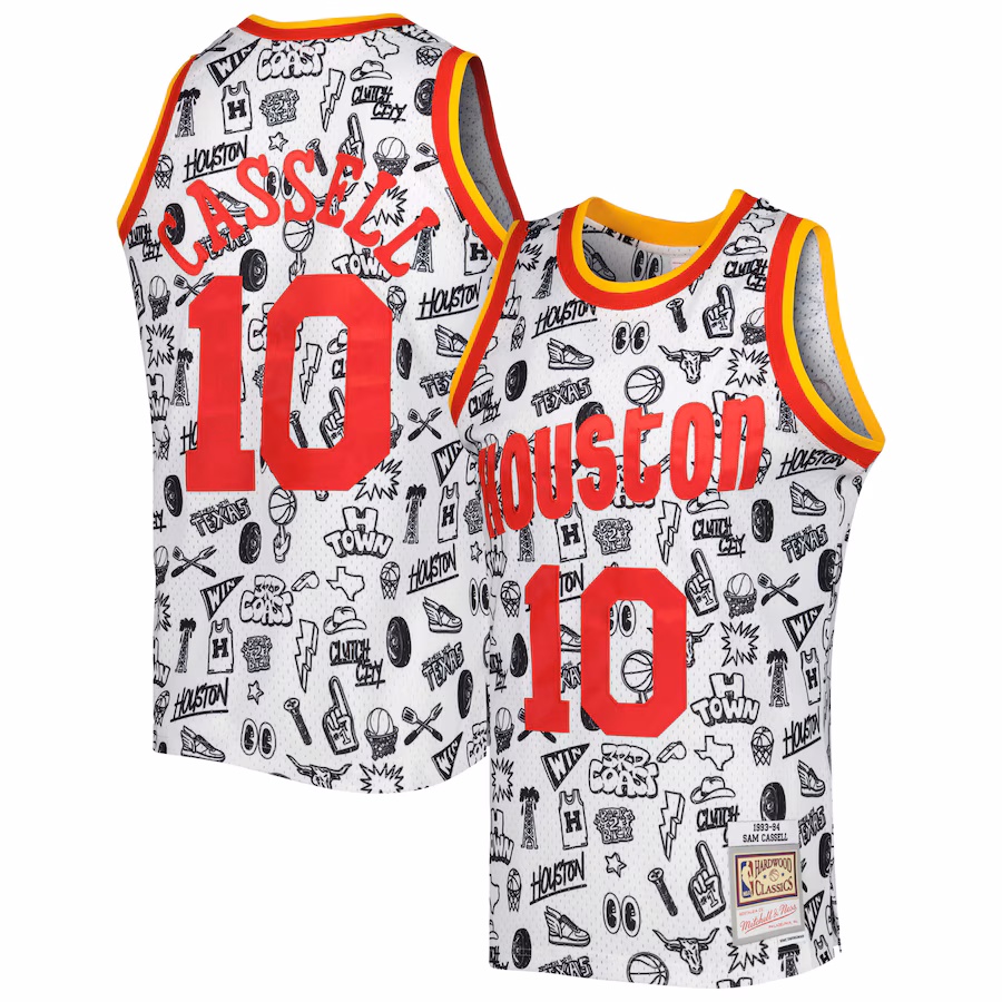 Men's Houston Rockets Sam Cassell Mitchell & Ness White 1993/94 Hardwood Classics Doodle Swingman Jersey - SUjersey01