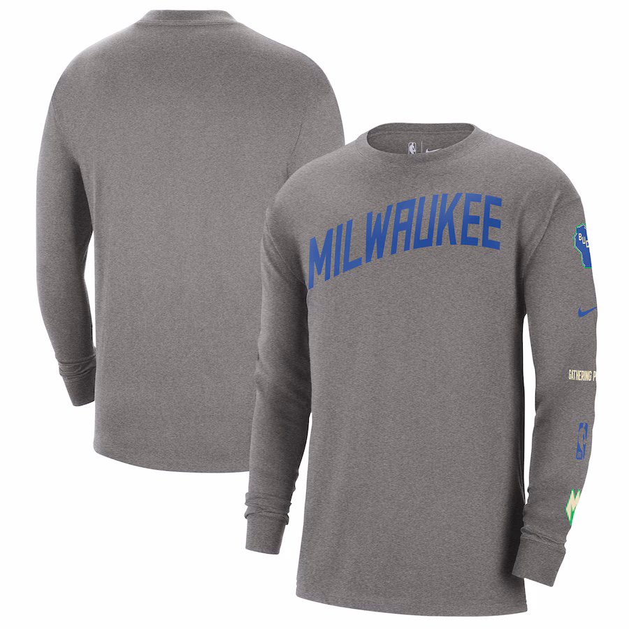 Men's Milwaukee Bucks Nike Charcoal 2023/24 City Edition Max90 Expressive Long Sleeve T-Shirt - SUjersey01