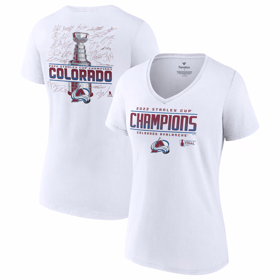 Women's Colorado Avalanche Fanatics White 2022 Stanley Cup Champions Signature Roster V-Neck T-Shirt - SUjersey01