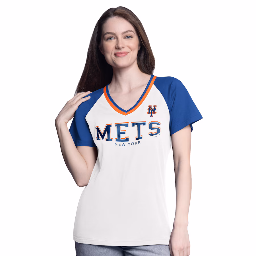 Women's New York Mets G-III 4Her by Carl Banks White/Royal Ball Park Raglan V-Neck T-Shirt - SUjersey01