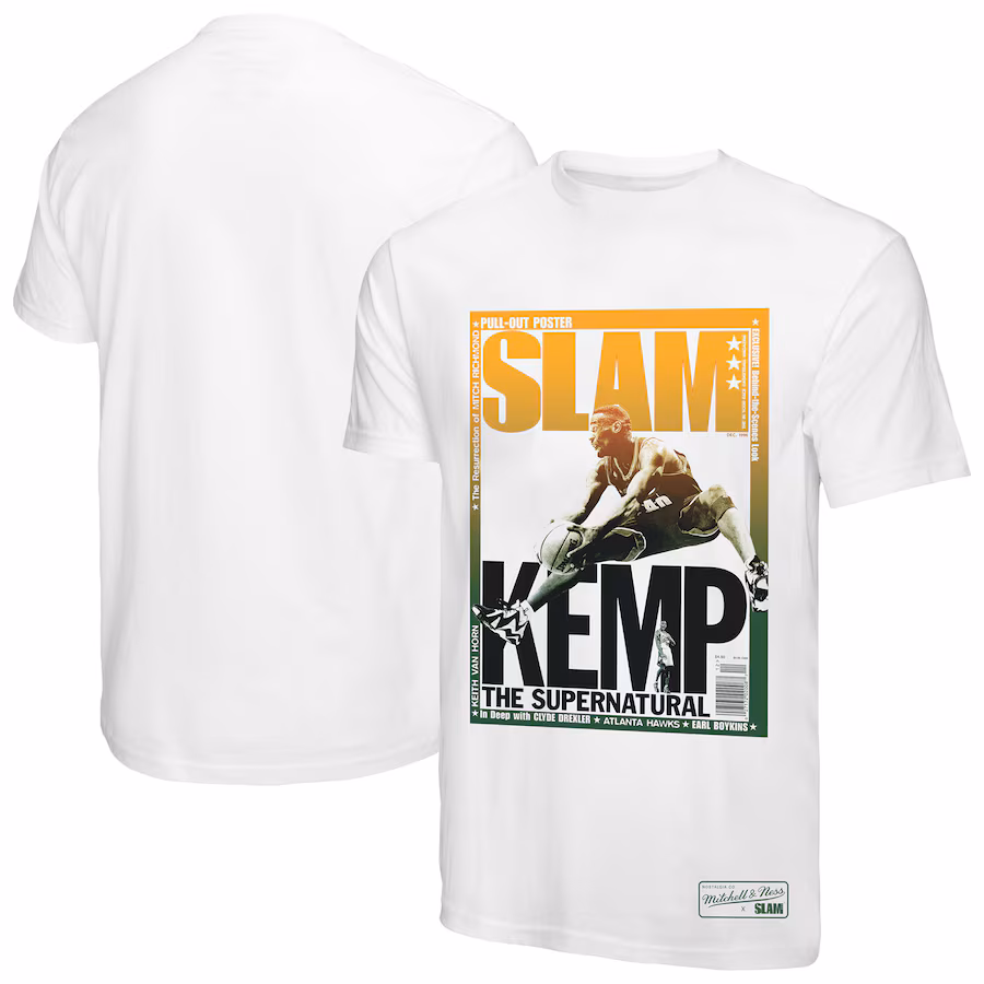 Men's Seattle SuperSonics Shawn Kemp Mitchell & Ness White SLAM Gradient T-Shirt - SUjersey01