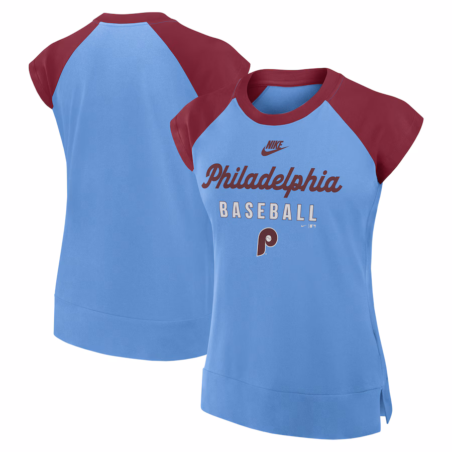 Women's Philadelphia Phillies Nike Light Blue/Burgundy Cooperstown Collection Raglan Performance T-Shirt - SUjersey01