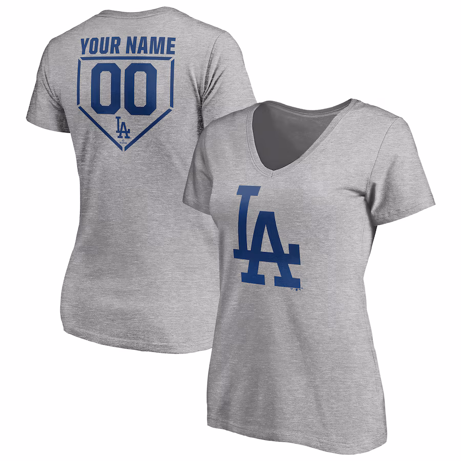 Women's Los Angeles Dodgers Heathered Gray Personalized RBI Logo V-Neck T-Shirt - SUjersey01