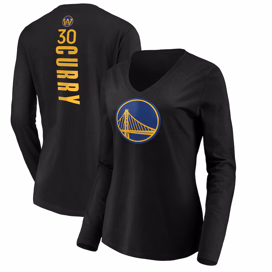 Women's Golden State Warriors Stephen Curry Black Playmaker Name & Number Long Sleeve V-Neck T-Shirt - SUjersey01