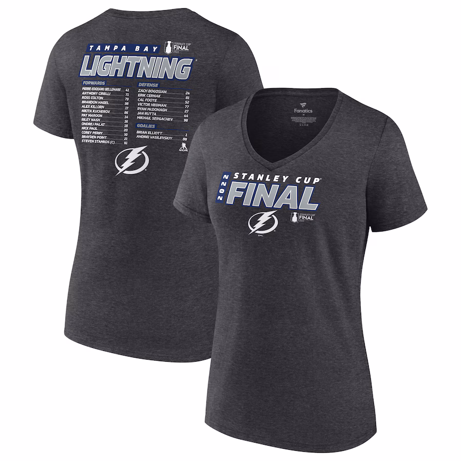 Women's Tampa Bay Lightning Fanatics Heathered Charcoal 2022 Stanley Cup Final Own Goal Roster V-Neck T-Shirt - SUjersey01