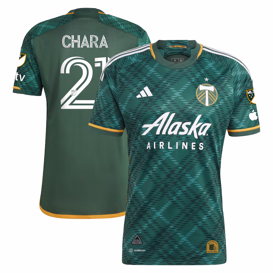 Men's Portland Timbers Diego Chara adidas Green 2023 Portland Plaid Kit Authentic Jersey - SUjersey01