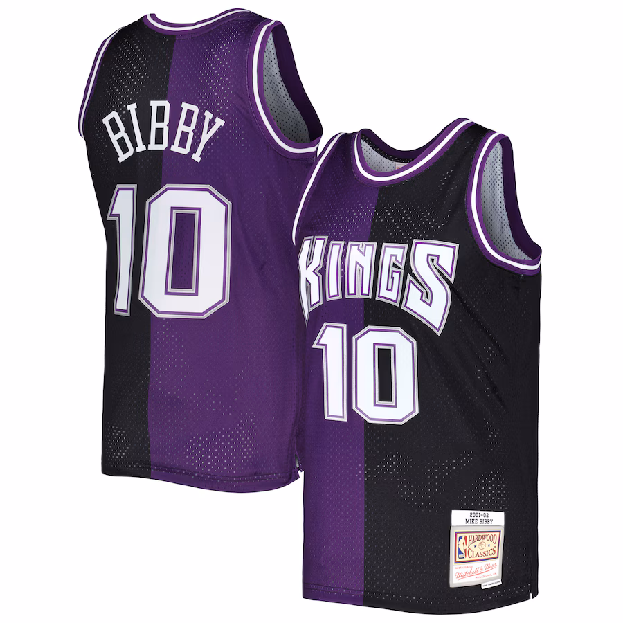 Men's Sacramento Kings Mike Bibby Mitchell & Ness Purple/Black Hardwood Classics 2001/02 Split Swingman Jersey - SUjersey01