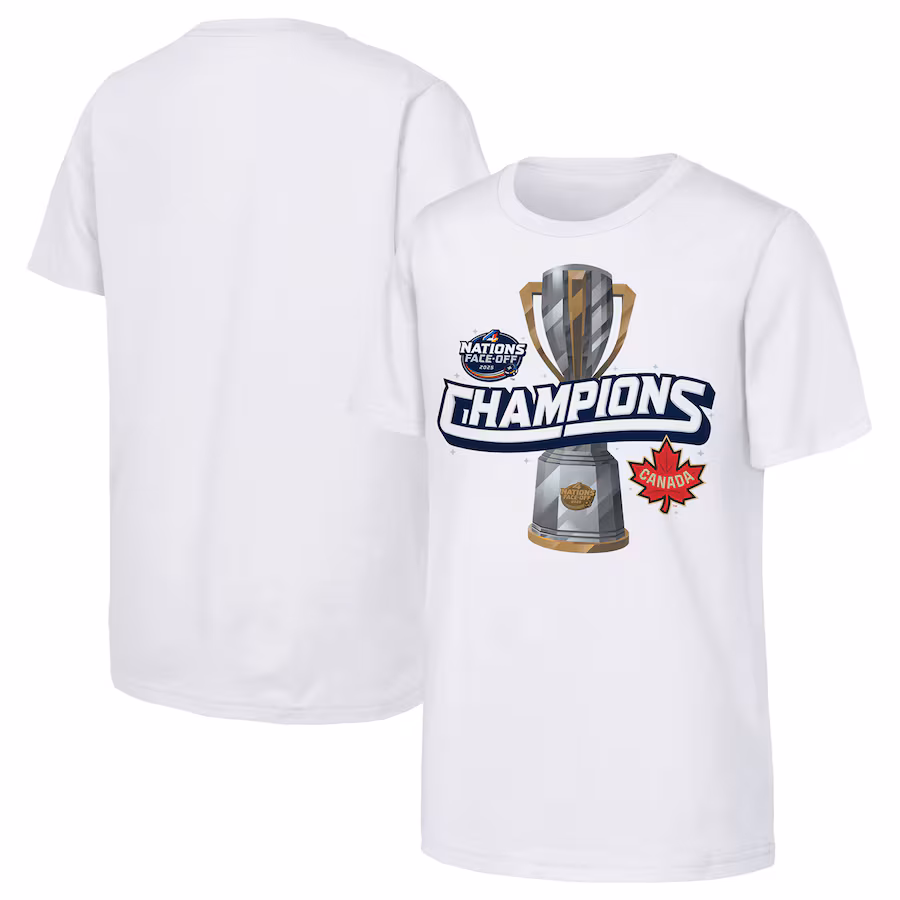 Youth Canada White 2025 4 Nations Face-Off Champions T-Shirt - Ujersey NFL Shop