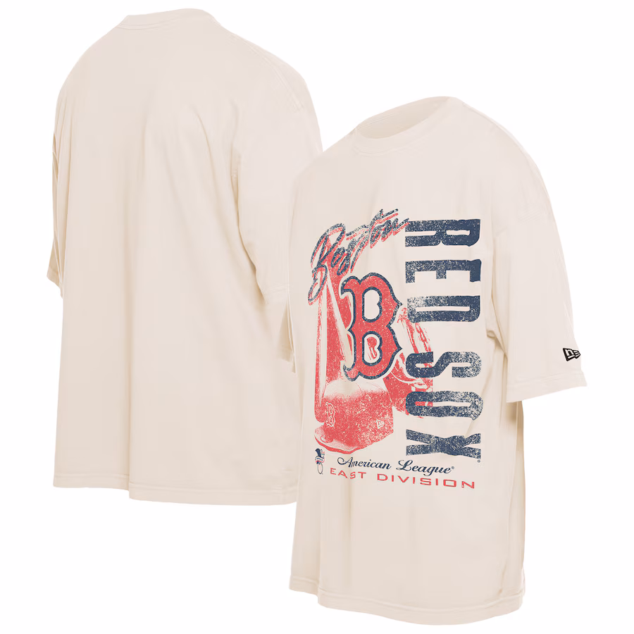 Men's Boston Red Sox New Era Cream Cooperstown Collection Oversized Throwback Distressed T-Shirt - Ujersey NFL Shop