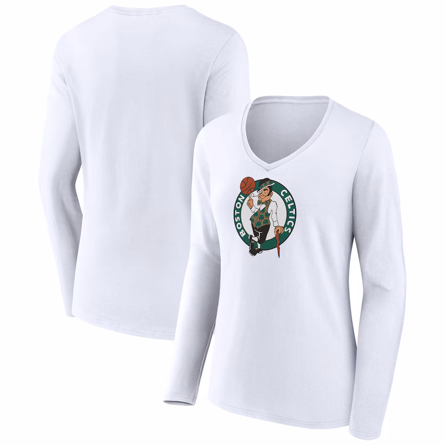 Women's Boston Celtics White Logo Long Sleeve V-Neck T-Shirt - Ujersey