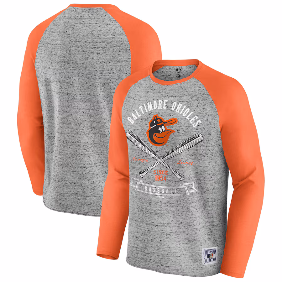 Men's Baltimore Orioles Darius Rucker Collection by Fanatics Heather Gray Raw Edge Raglan Long Sleeve Baseball T-Shirt - Ujersey NFL Shop
