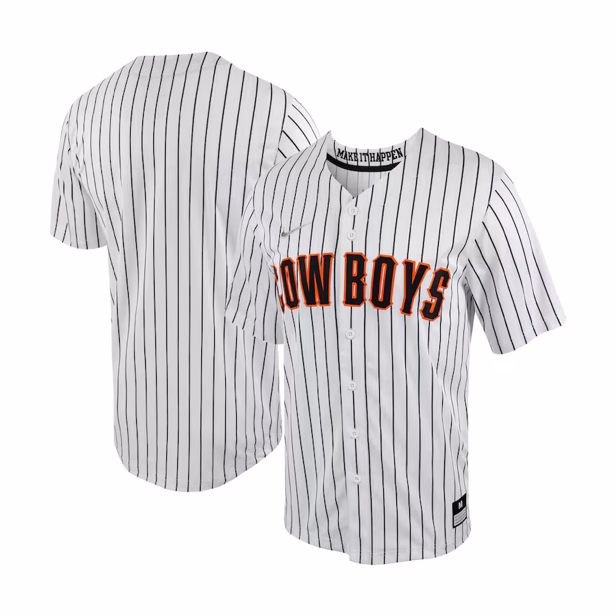 Men's Nike White/Black Oklahoma State Cowboys Pinstripe Replica Full-Button Baseball Jersey - Ujersey NFL Shop