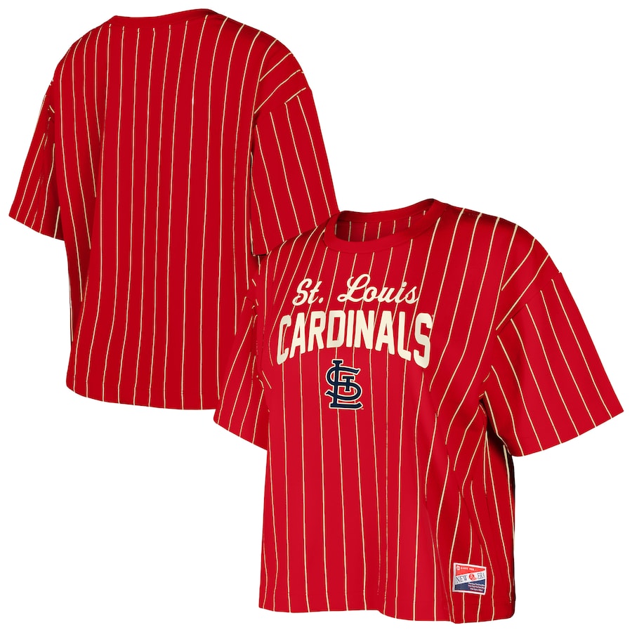 Women's St. Louis Cardinals New Era Red Cooperstown Collection Multiplier Pinstripe Cropped T-Shirt - Ujersey